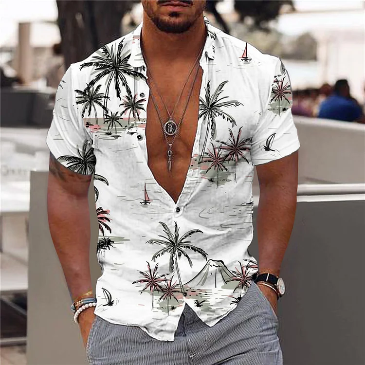 Men's Tropical Plant Pattern Turndown Collar Short Sleeve Casual Hawaiian Shirt