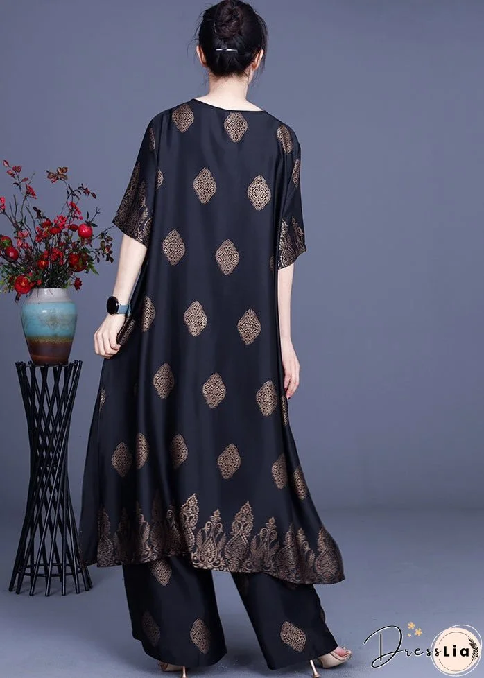 Vintage Black Side Open V Neck Silk Long Top And Pants Two Piece Set Outfits Summer