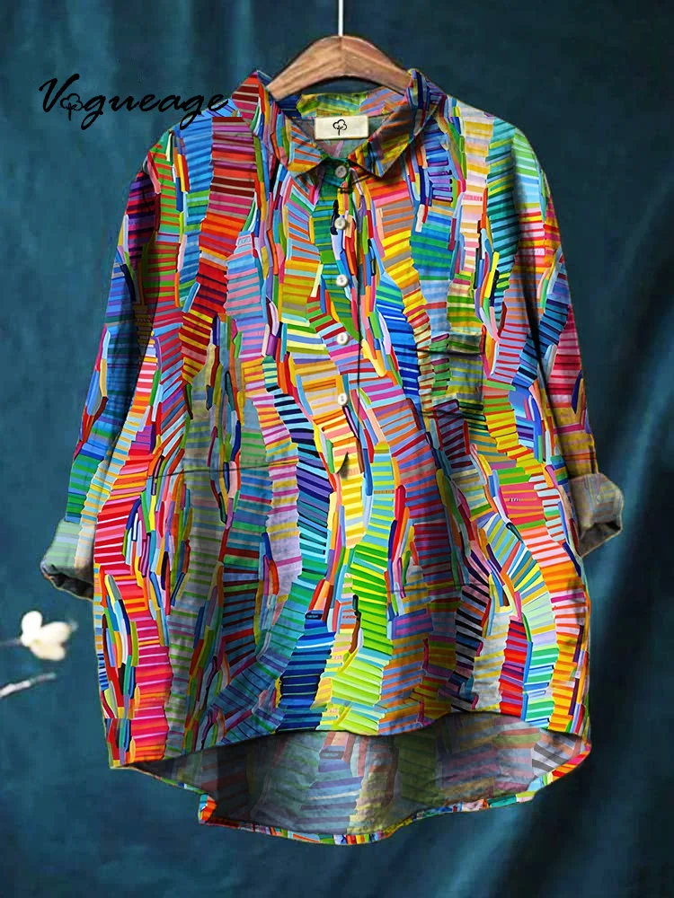 Fashionable colorful line stitching printed cotton and linen shirt