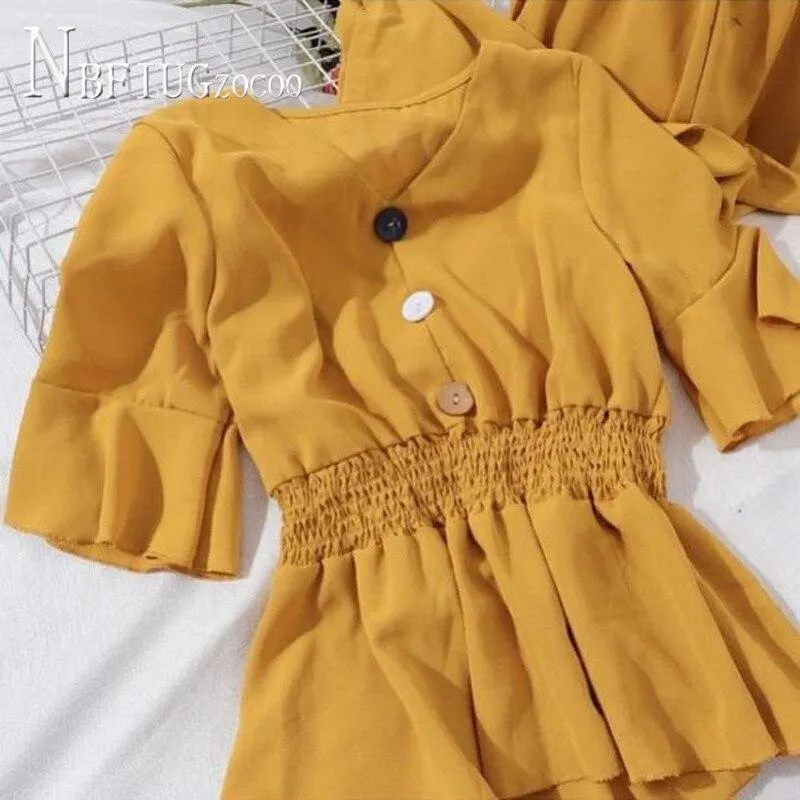 V Neck Elastic Waist Ruffles Hem Blouse And High Waist Slim Wide Leg Pants Women Sets