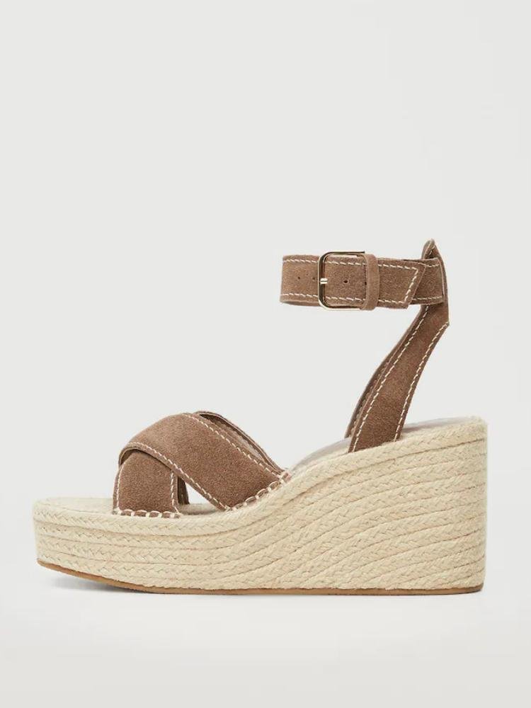 Boho Nubuck Ankle Bracelet Cross-Belt Buckle Square-Toe Platform Espadrille Wedges Sandals