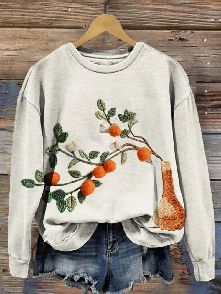 VChics Kumquat Embroidery Art Pattern Vintage Cozy Sweatshirt