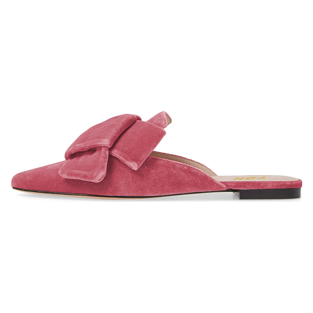 Rose Pink Velvet Flat Pointed Toe Knot Decor Mule Shoes for Women