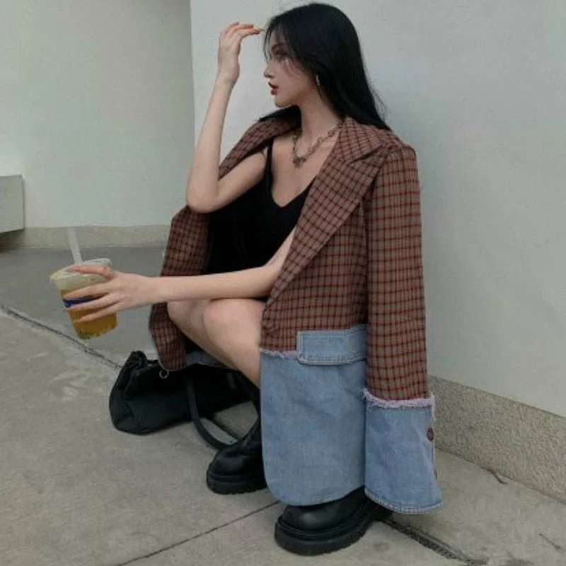 Women Blazers Patchwork Design Vintage Retro Single Button Long Sleeve Loose Casual Korean Style Chic Outwear Ulzzang Fashion