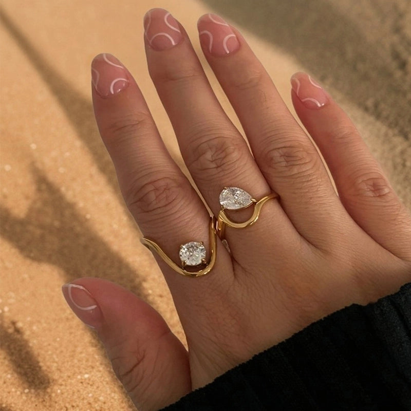 Romantic Shiny Round Water Droplets 316L Stainless Steel  Zircon 18K Gold Plated Inlay Rings