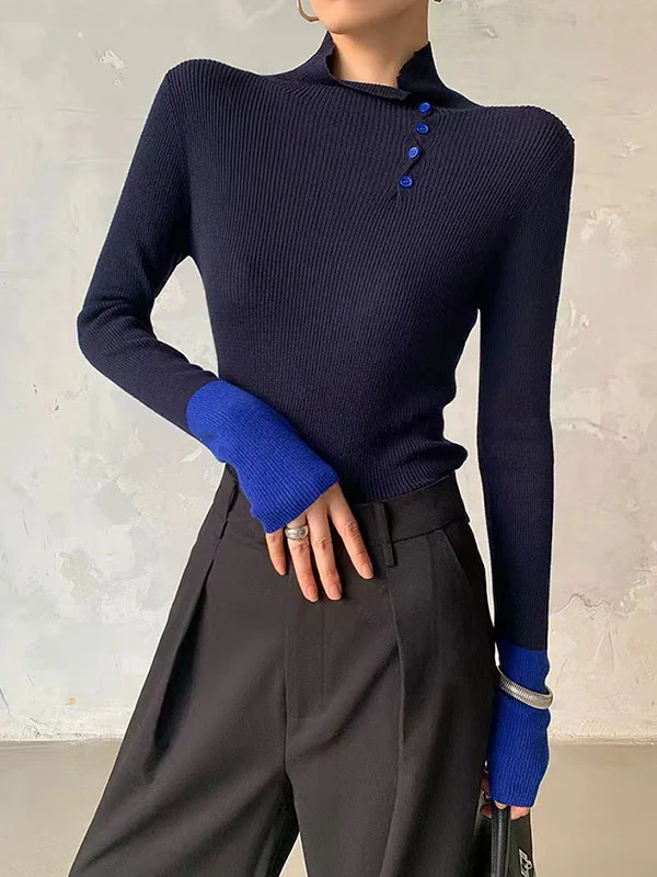 Long Sleeves Skinny Contrast Color Split-Joint High Neck Sweater Tops