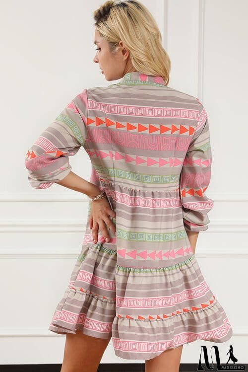 MidiSono - Tiered Notched Balloon Sleeve Buttoned Dress