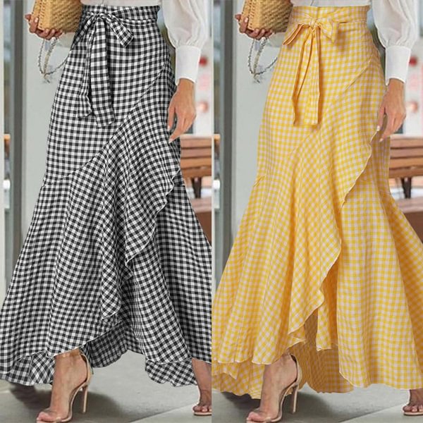 Womens Plaid Long Skirt Mermaid Dress Ruffled Irregular Hem High Waist Casual Umbrella Wrap Maxi Skirts Plus Size - Shop Trendy Women's Clothing | LoverChic