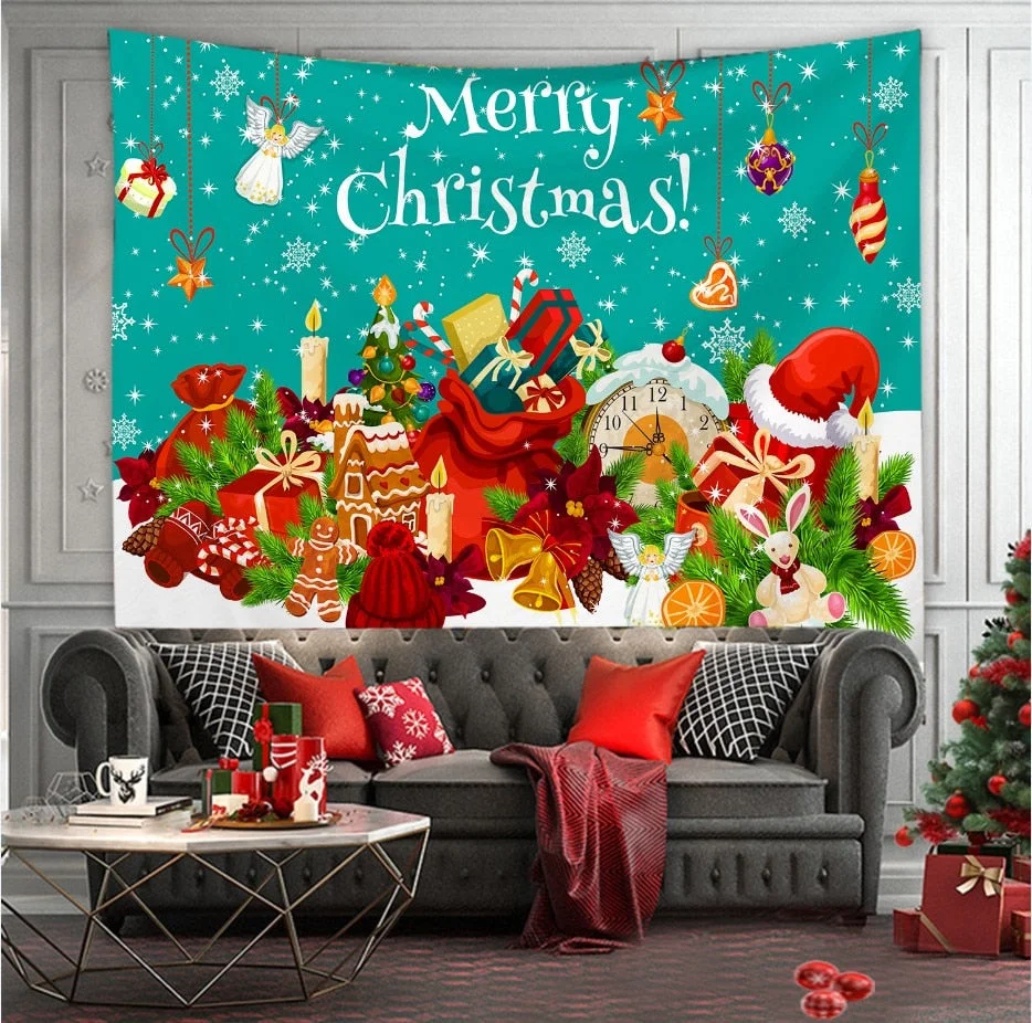 Christmas Tree Print Tapestry Wall Hanging Background Cloth Decor Red Santa Claus Polyester Tapestry Home Room Wall Decoration