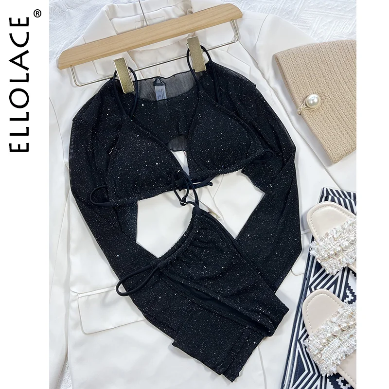 Billionm Ellolace Micro Erotic Swimsuit 2022 New Black Glitter Separate Swimwear And Crop Top Long Sleeve Harajuku Full Fantasy Bikini