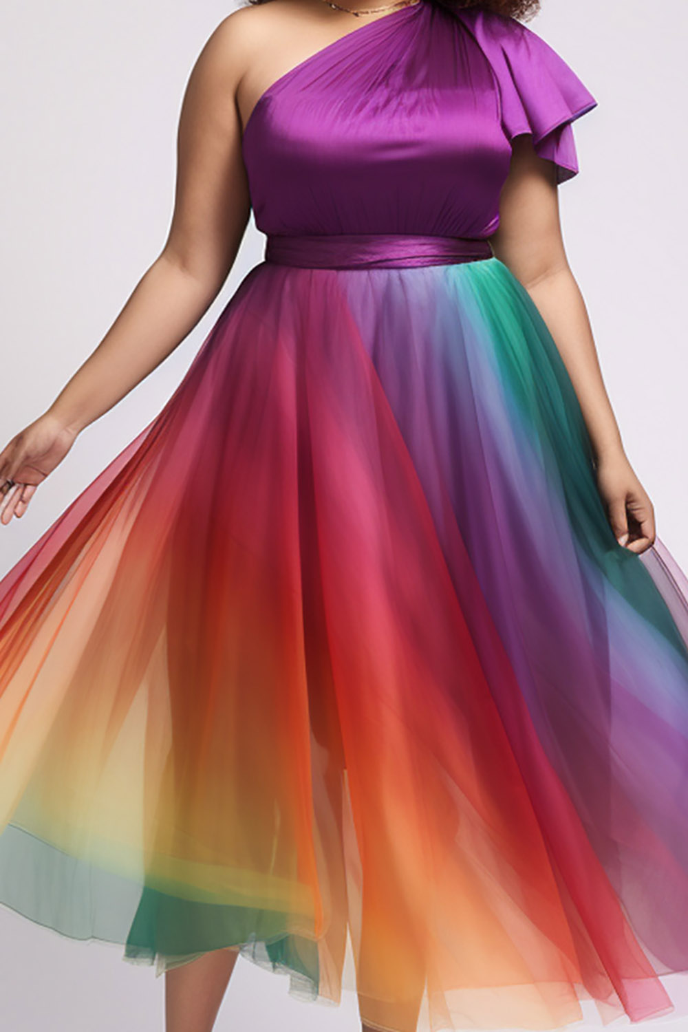 Design Plus Size Party Elegant Multicolor Rainbow One Shoulder Contrast Tulle Midi Dresses [Pre-Order]