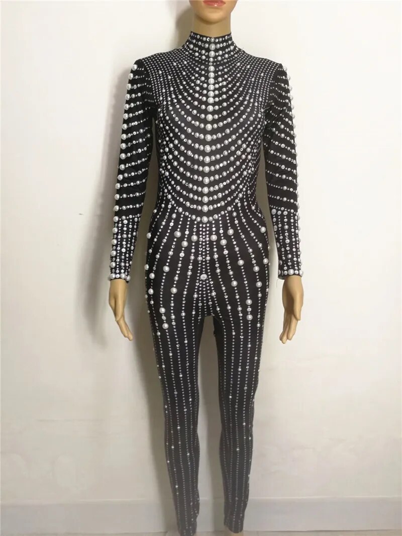 VCSHOES Stage Performance Pearl Rhinestones Leotard Women Black Nude Color Beads Skinny Jumpsuit Party Show Tights Dance Costume