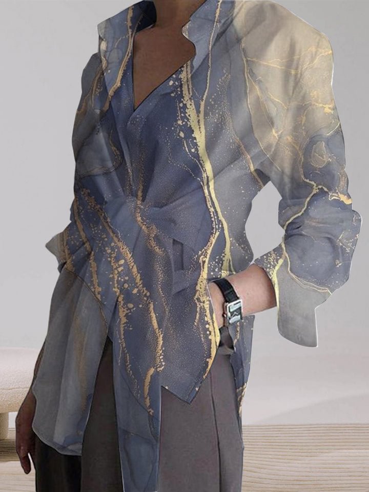 Temperament Marble Loose Tie Long Sleeve Casual Shirt Top