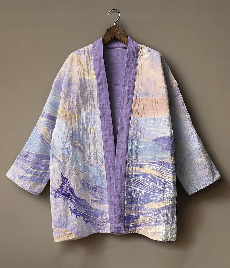 Abstract print embroidered linen cardigan kimono