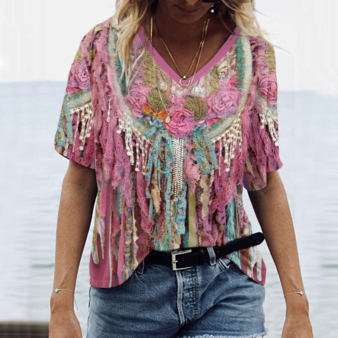 Comstylish Western Tassel Print V-Neck Short Sleeved Casual T-Shirt