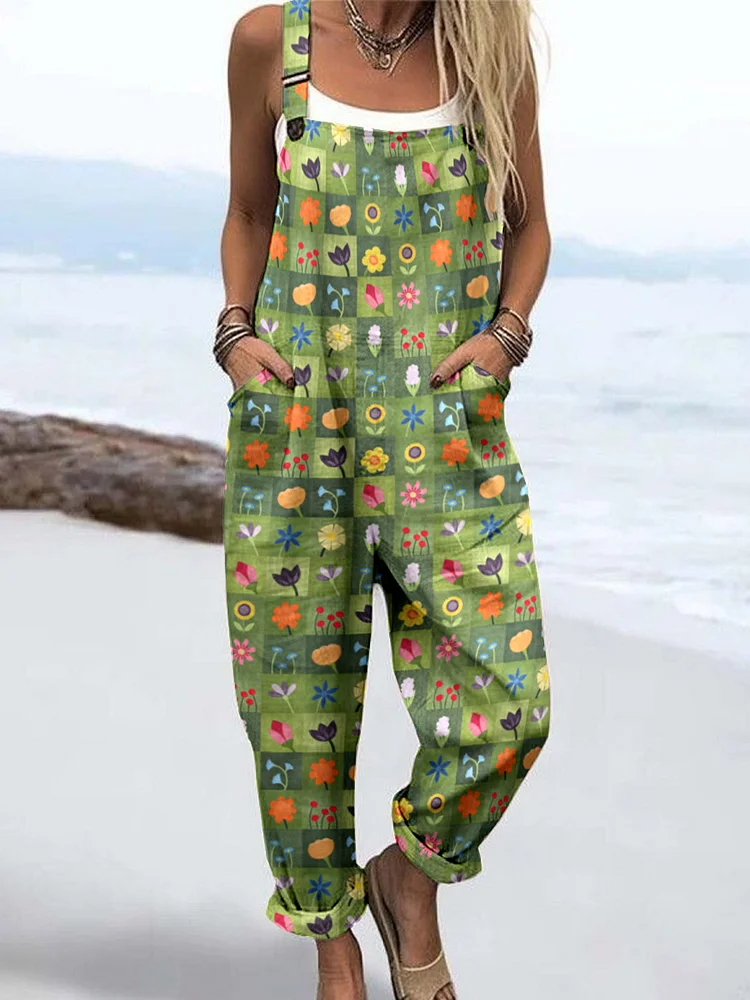 Wome'S Vintage Art Floral Plaid Pattern Print Casual Cotton Wide Leg Jumpsuit