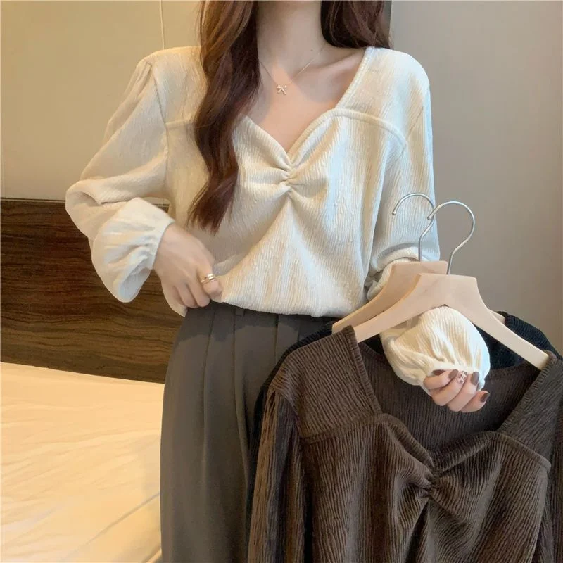 Long-Sleeve Plain Ruched Blouse YP3093