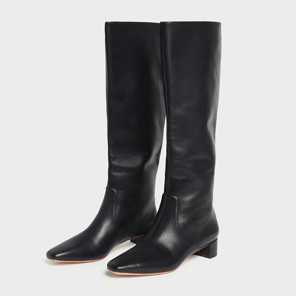 Black Vegan Leather Square Toe Chunky Heel Tall Boots for Women