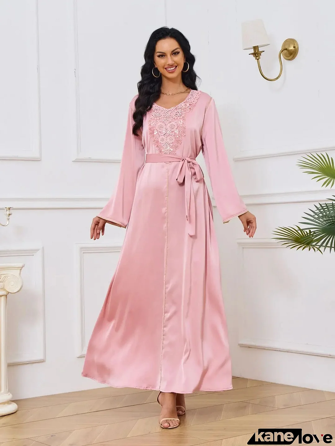Women's Arabian Polyester Full Sleeve Beaded Pattern Casual Dress