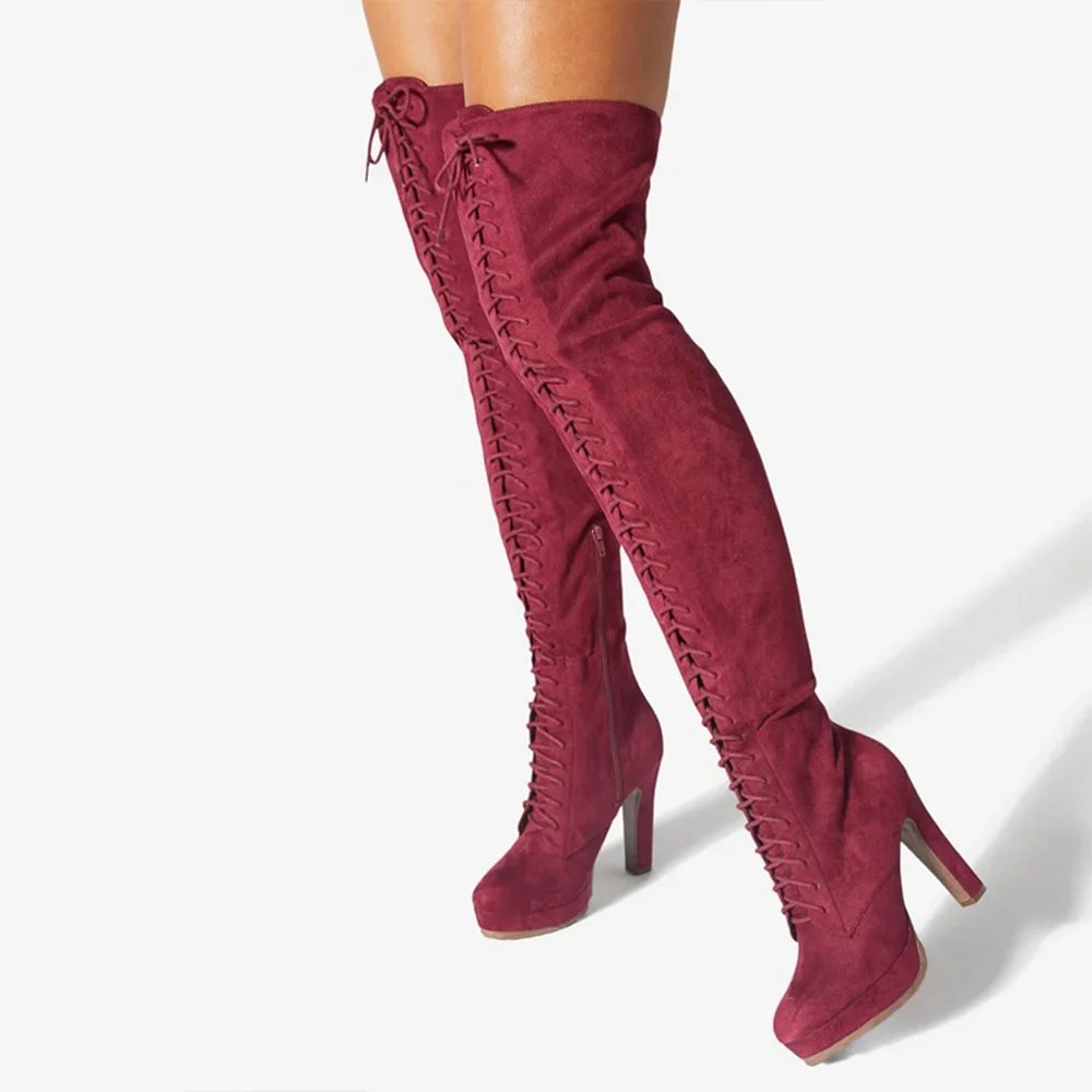 Red Lace-Up Over The Knee Boots Platform Boots