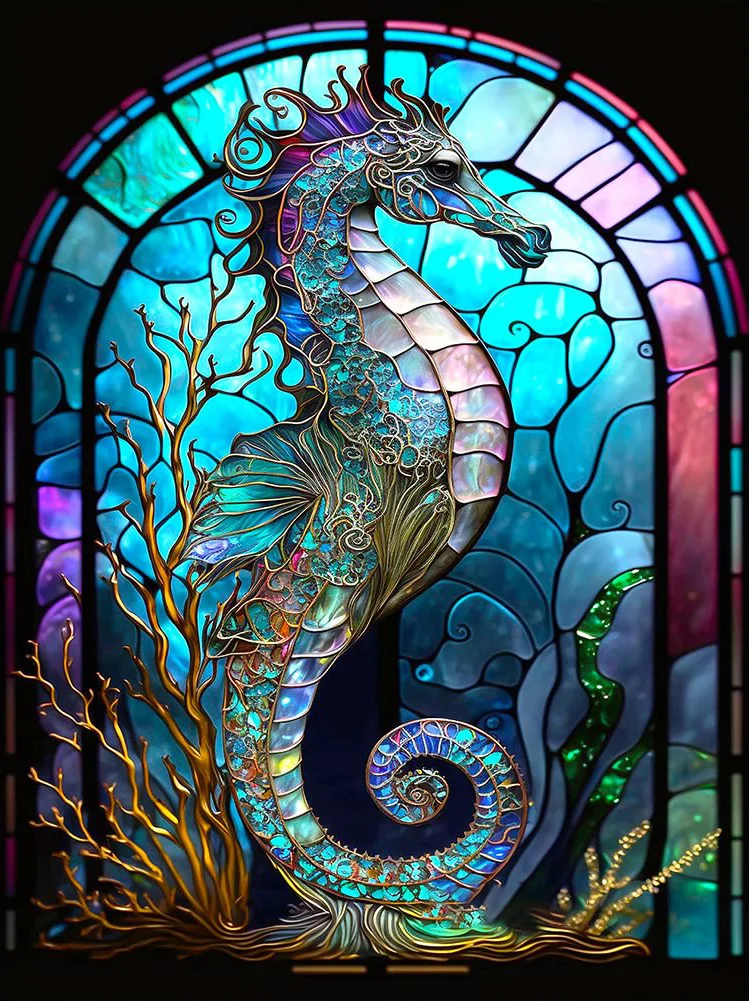 【Huacan Brand】Glass Art - Sea Animals Seahorse14CT Stamped Cross Stitch 45*55CM