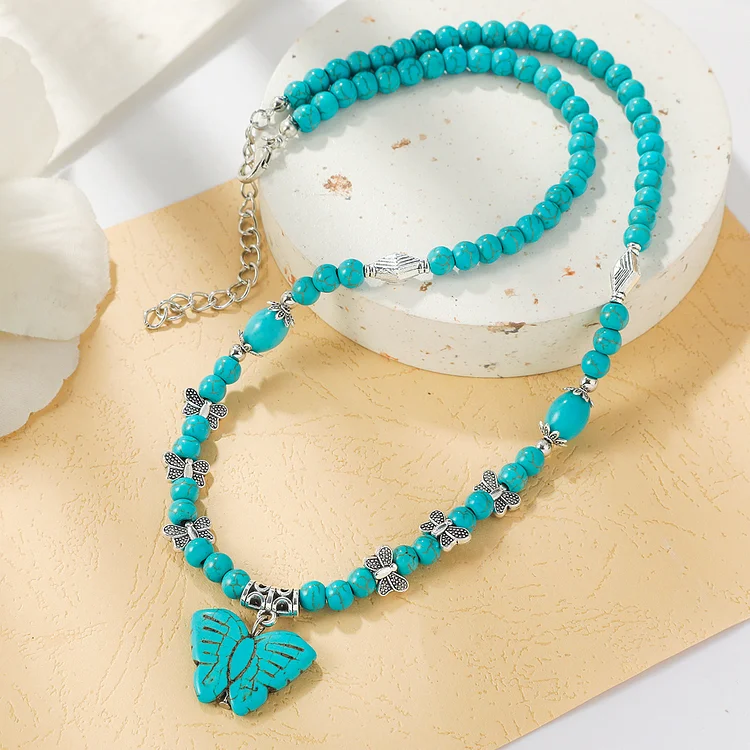 Boho Butterfly Turquoise Long Beaded Necklace For Women Vintage Ethnic Jewelry