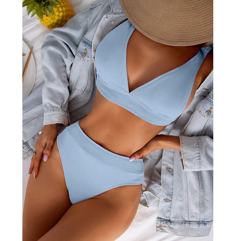 Push Up Bath Suits Rib Swimsuit Sexy Bikinis Swimwear Women Summer Bikini Set Solid Color Beachwear Micro Thong Beach Biquini