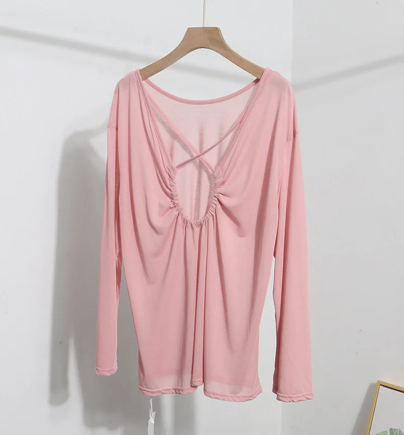 Brownm Real Shot Tiansi Mask Bare Back Long Sleeve Sunscreen Back Cross-Section Thin T-Shirt Shirt Top Woman 85830