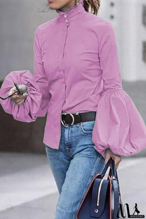 MidiSono - Button Puff Sleeve Shirt