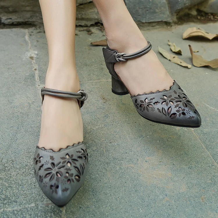 Women Handmade Leather Pumps Flowers Ankle Strap Formal Office Shoes For Women Original Design Gray/Coffee  Stunahome.com