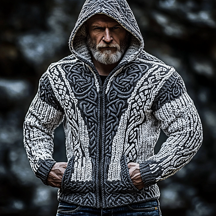 VChics Men's Vintage Celtic Knot Hooded Zip Up Sweater