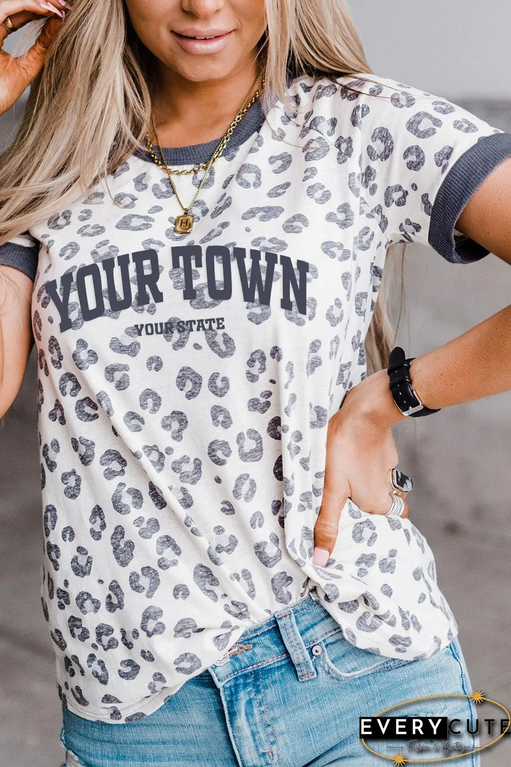 Gray Your Town Letter Leopard Print Short Sleeve T Shirt
