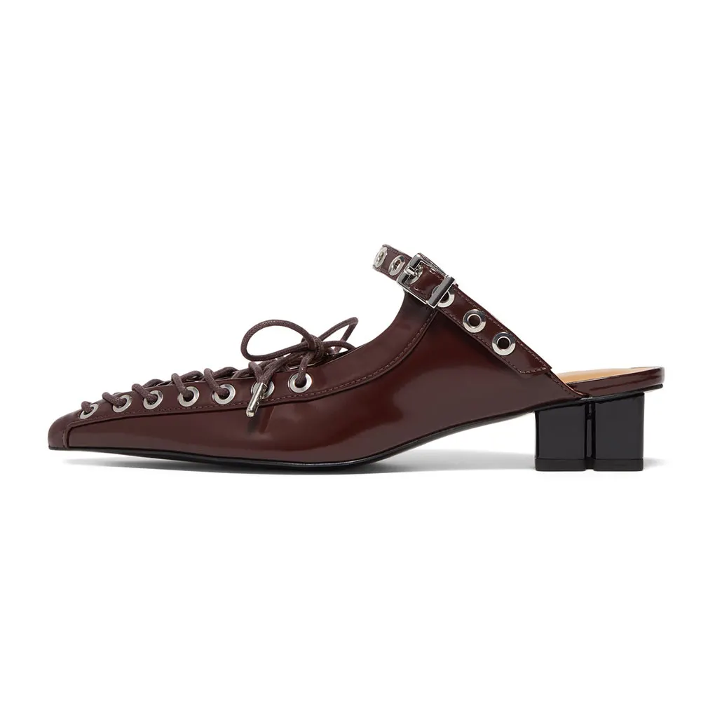 Women's Maroon Lace-Up Buckled Pointed Toe Casual Heeled Mules