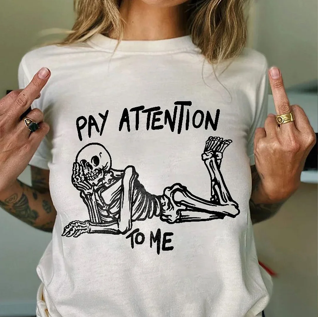 PAY ATTENTION TO ME Skeleton White Print Regular-fit T-shirt