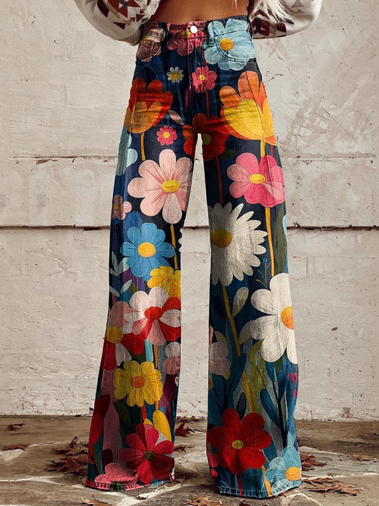 Comstylish Vintage  Colorful Flower Geometric Pattern Print Casual Wide Leg Jeans