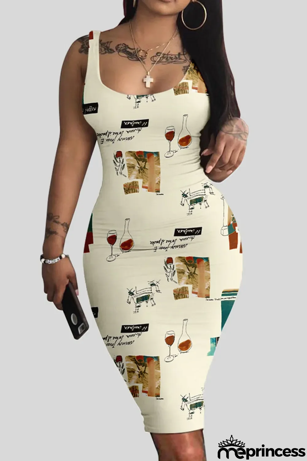 White Casual Print Patchwork U Neck Vest Dress Dresses