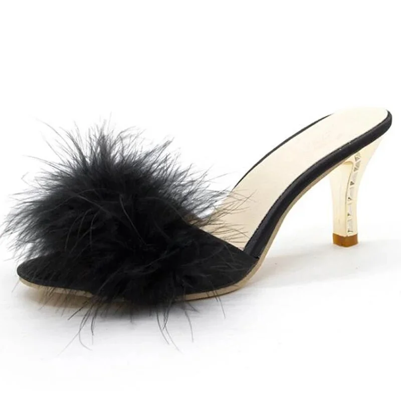 Punklens Summer Shoes Woman Feather Thin High Heels Fur Slippers Peep Toe Mules Lady Pumps Slides Shoes Big Size