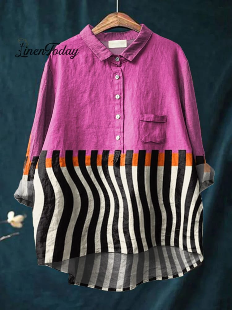 Women’s Pink Color-Block Abstract Geometry Print Casual Cotton And Linen Shirt Multicolor / S