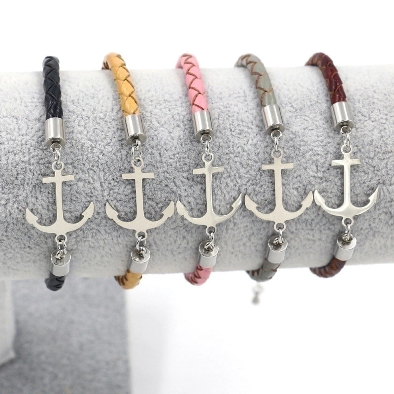 Fashion Anchor Stainless Steel Leather Gold Plated None Bracelets In Bulk