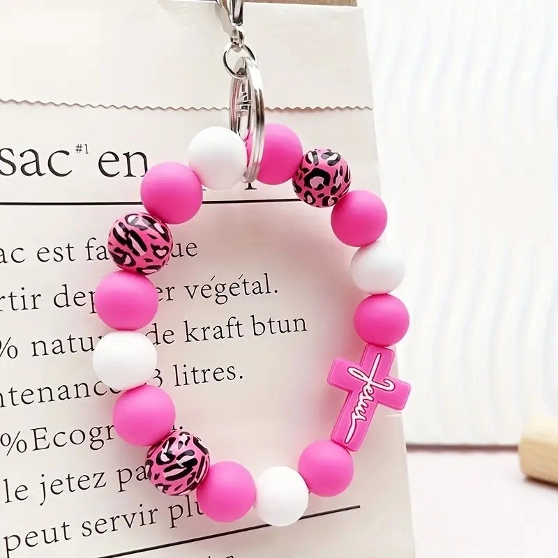 Casual Classic Style Sports Cross Leopard Alloy Wooden Beads Silica Gel Beaded Keychain