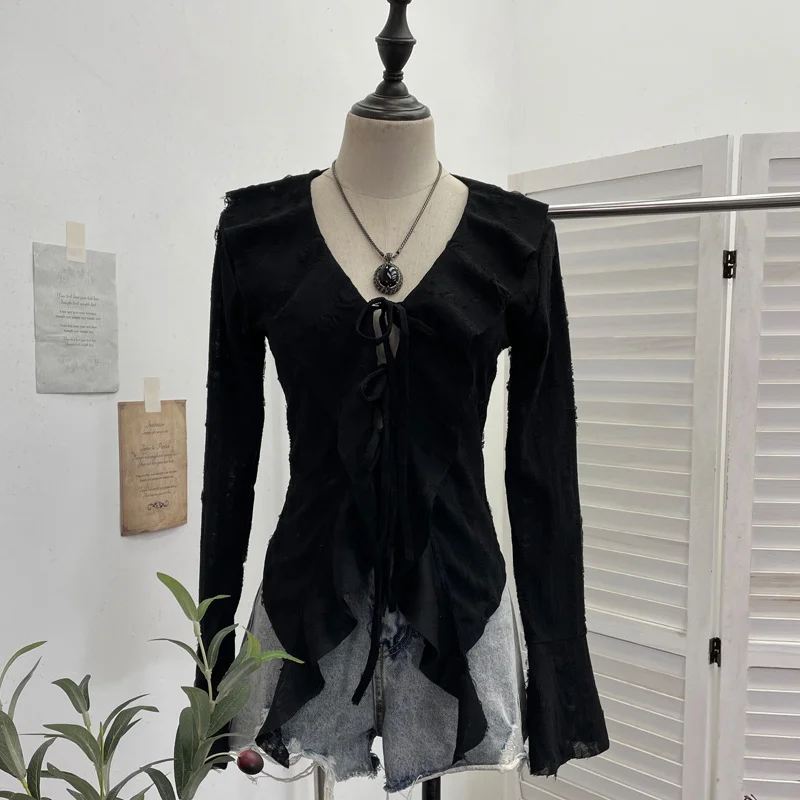 Uveng Dark Wind To Make Old Hole Horn Long Sleeve Open Shirt Tie With Lotus Leaf Side V Collar Sunscreen Shirt 9280