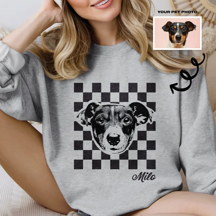 Personalized Pet Photo Sweatshirt / T-Shirt with Name – Checkerboard Style