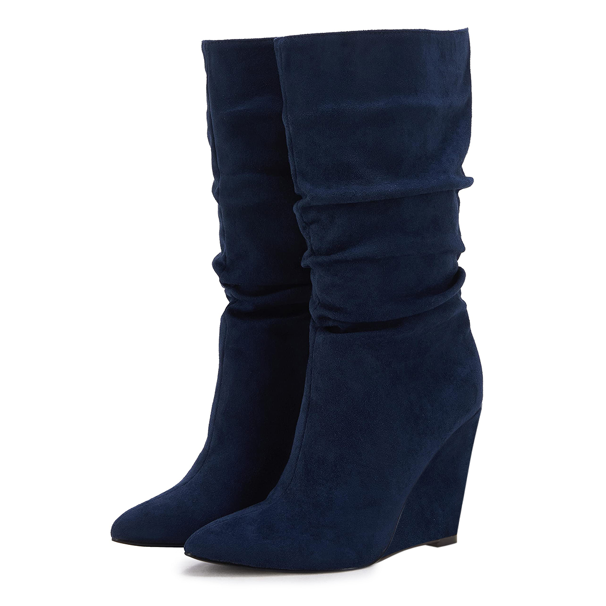 Navy Blue Faux Suede Pointed Toe Wedge Heel Elegant Slouch Boots