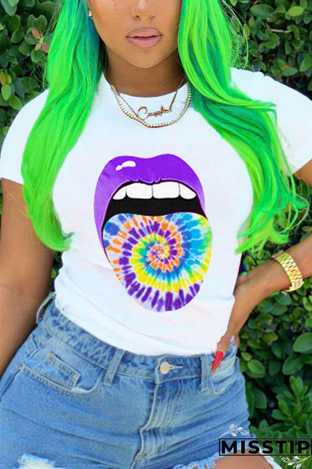 Green Fashion Lips Print Short Sleeve T-shirt