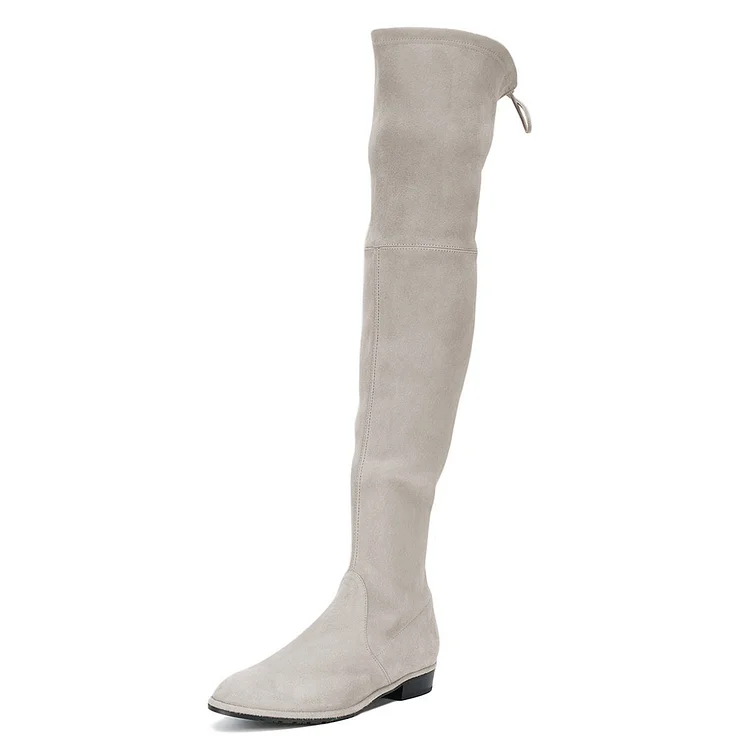 Grey Round Toe Chunky Heels Long Boots Vegan Suede Over-the-knee Boots |FSJ Shoes