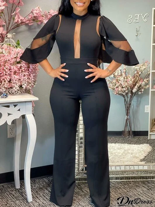 Solid Mesh Panel Irregular Sleeve Jumpsuit