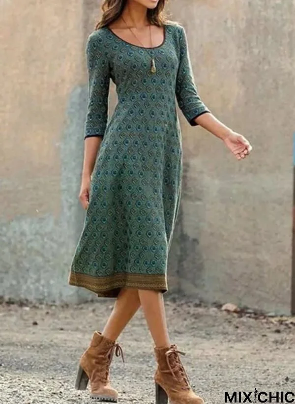 Green Long Sleeve Geometric Knitting Dress