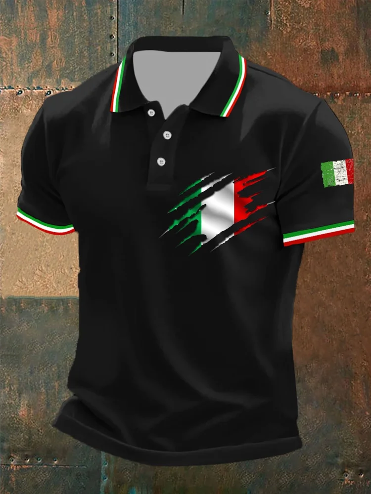 Polo casual da uomo con stampa della bandiera italiana