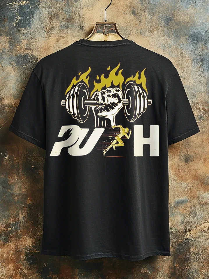 Men's Barbell Push Sports Art Print Casual T-Shirt