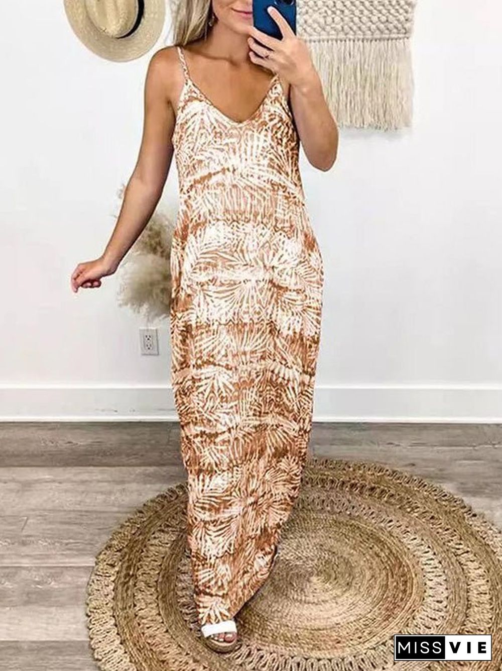 Women'S Dresses Loose Tie-Dye Print V-Neck Slip Dress